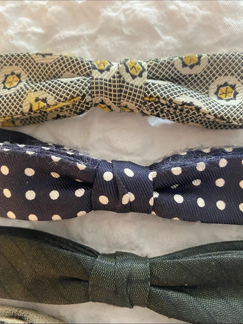 Vintage Men's Bow Ties Set - Navy Polka Dot, Black, Patterned Gold/Beige Retro